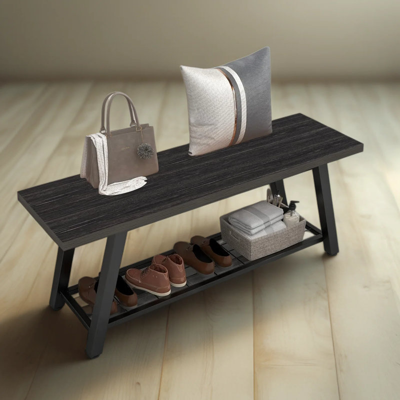 Banc de rangement industriel avec rangement, banc en bois rustique et long pour chaussures pour le salon, la salle à manger, la chambre à coucher, noir anthracite