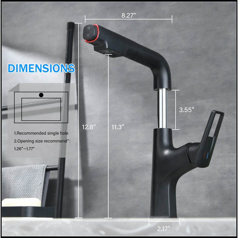 Robinet de vasque rétractable noir mat - Robinet de lavabo de salle de bain à un trou avec bec relevable et modes de jet doubles