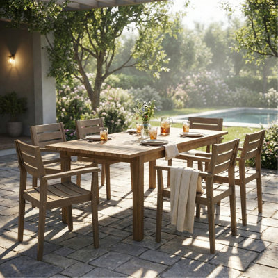 Ensemble de salle à manger d'extérieur en bois d'acacia 7 pièces 7 pièces, grande table moderne 6 chaises, ensemble de mobilier de salle à manger pour pelouse, cour, terrasse de jardin, bord de piscine, gris