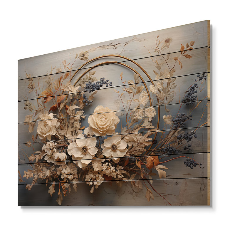 «Farmhouse Wreath Still Life», art mural en bois sur bois de pin naturel, H 10 po x l 20 po