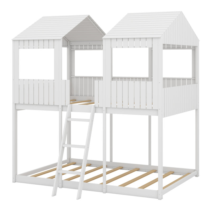 Woodbunk Bed With Roof,Window,Guardrail,Ladder, White