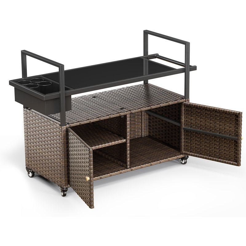 49" Portable PE Wicker Bar Cart with Tempered Glass Table Top and Durable Steel Frame, Brown