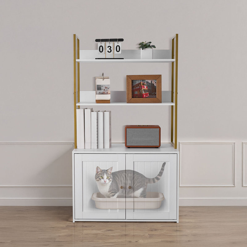 Enceinte de litière pour chat, armoire à litière cachée 27,6 po avec pieds en métal et tablettes de rangement à 2 niveaux, maison de chat imperméable pour chat, convenant à la plupart des bacs à litière, pour le salon