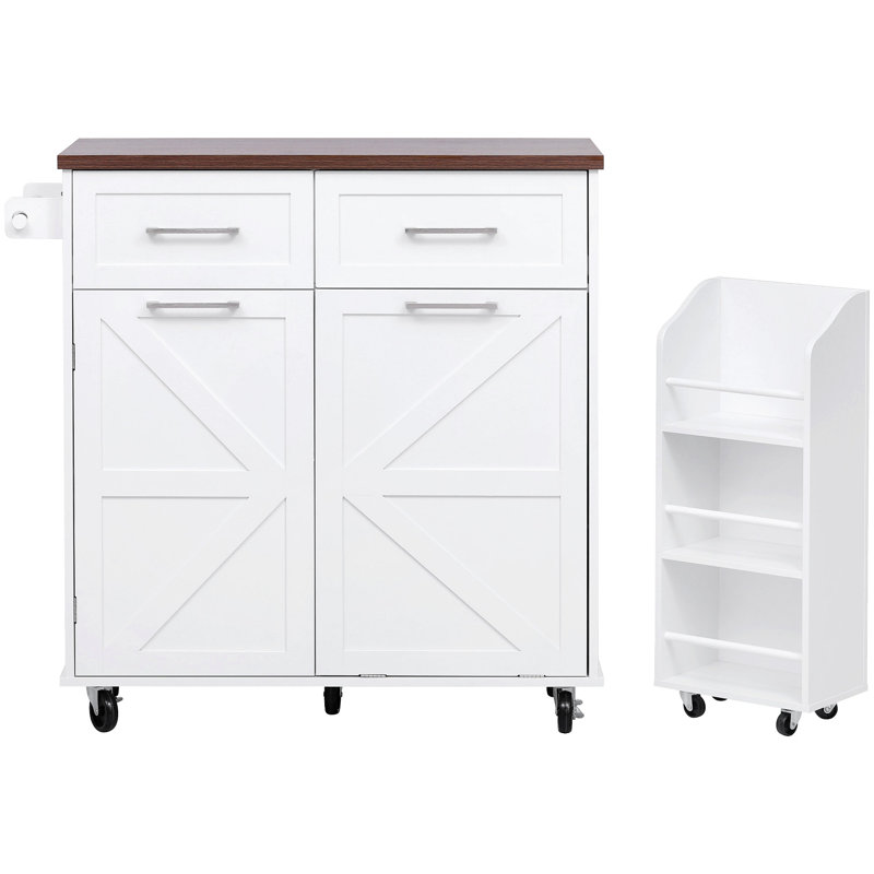 47.2" Farmhouse Kitchen Island With Drop Leaf, Kitchen Storage Island With Removable Side Racks, Two Drawers, Rolling Kitchen Cart On Wheels With Towel Rack, For Home, Kitchen, Dining Room