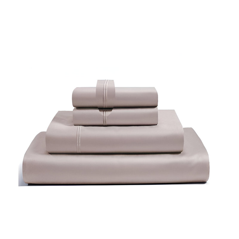 400TC Luxurious Double Embroidery Sateen Solid Cotton 4 Piece Sheet Set Fitted Sheet Fits Upto 16" Deep Pocket, Taupe