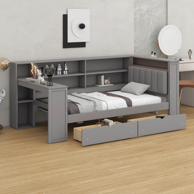 Wood Platform Bed – Storage Shelves, Drawers, Charging Station, LED, Desk & Upholstered Headboard Included, Twin, Gray