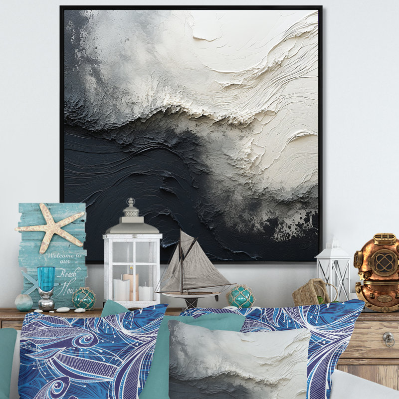 Minimalisme, peinture noire et blanche, vague I - art mural encadré bord de mer, H 36 po x l 36 po x P 1,5 po