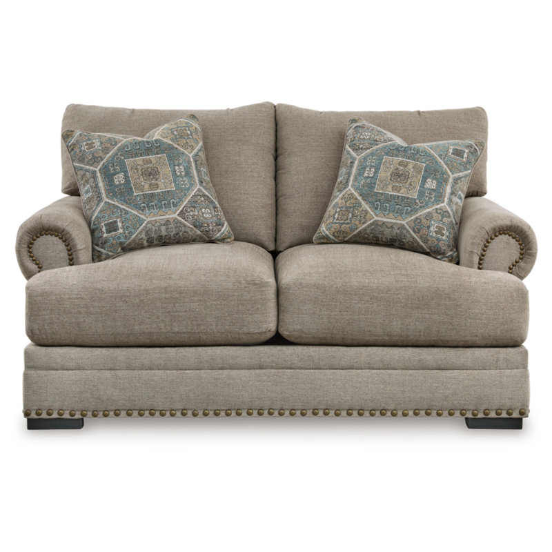 Beige Fabric Rolled Arm Nailhead Loveseat