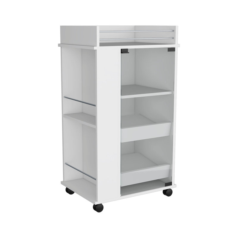 Chariot-bar avec porte vitrée, 2 tablettes latérales et roulettes, Blanc