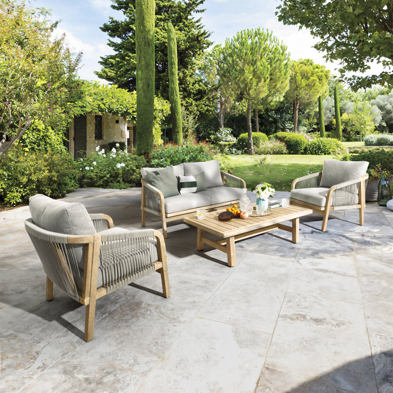 Ensemble de conversation pour 4 personnes en bois d'acacia avec coussins et table