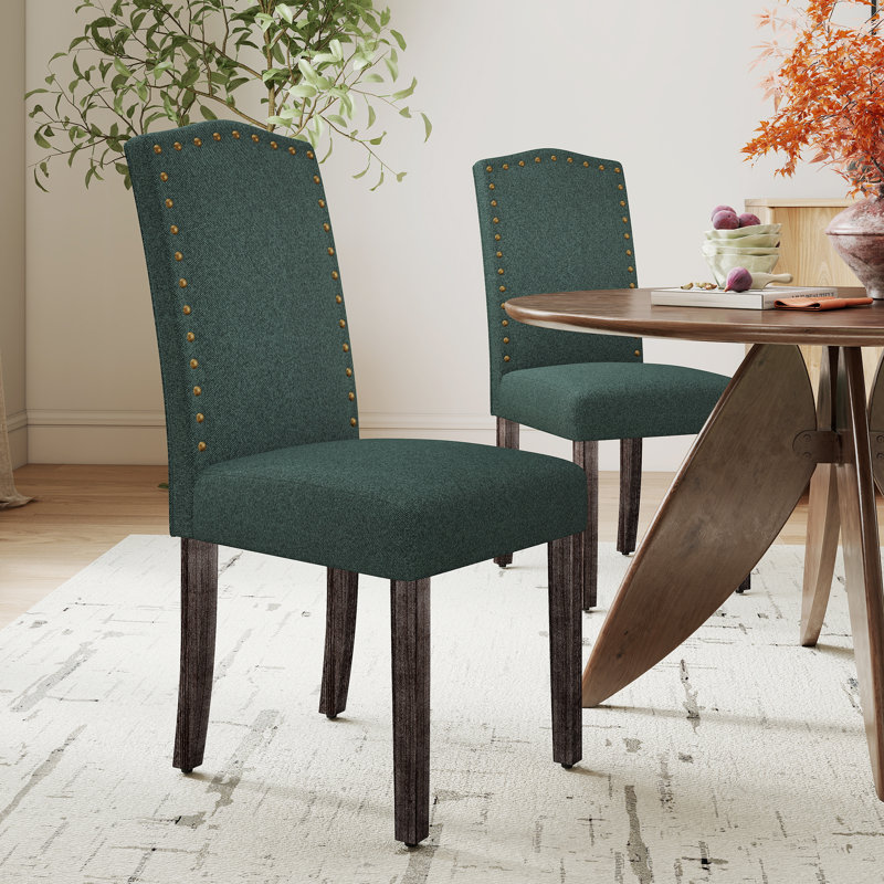 High Back Upholstered Dining Chairs With Nailhead Trim, Green Fabric
