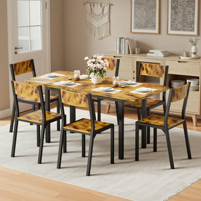 Industrial 7-Piece Extendable Dining Room Set for 4-6 People, Space-Saving Dining Set with 6 Ergonomic Chairs, Kitchen Table and Chairs for Kitchen & Living Room