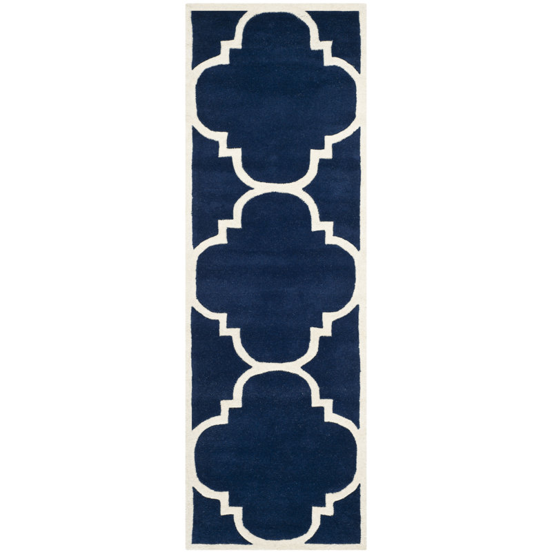 Carolene Geometric Handmade Tufted Wool Dark Blue/Ivory Area Rug, Runner 2'3" x 9'