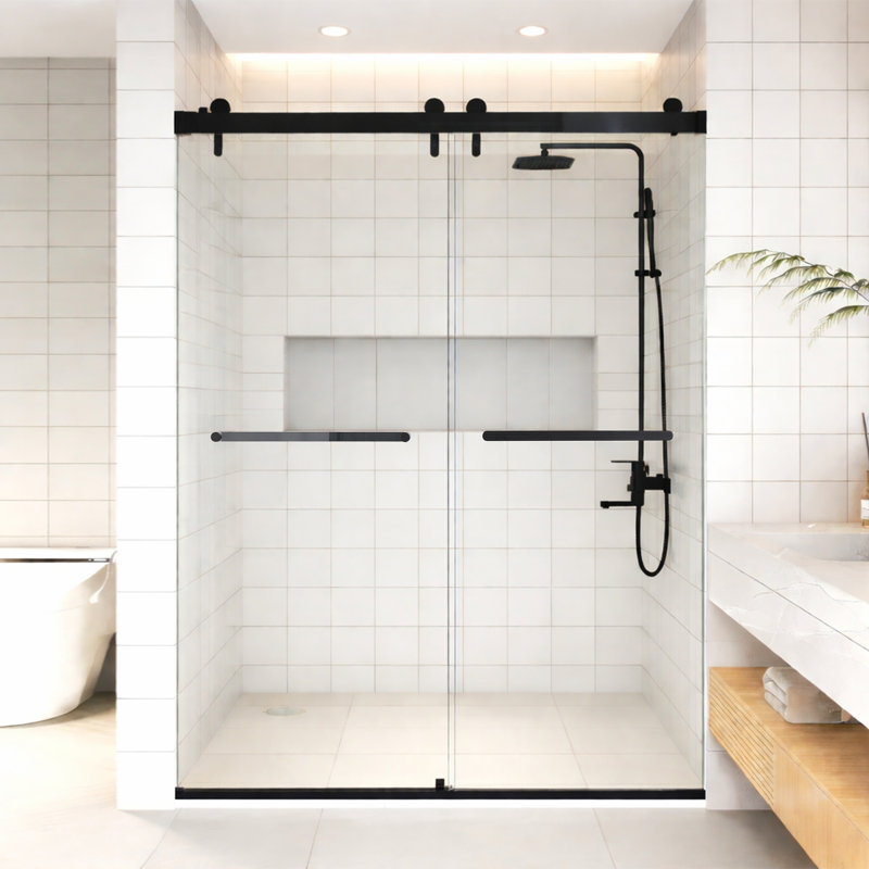Porte de douche coulissante double sans cadre 48 po x 76 po, finition noir mat