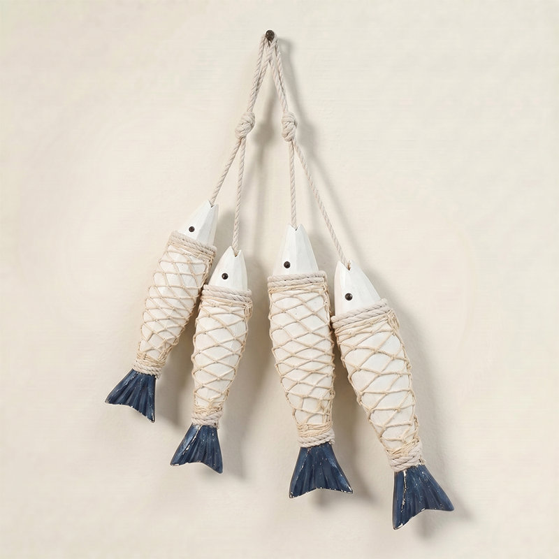 Ensemble de 2 pièces de pêche en bois nautique - Décoration côtière sculptée à la main avec filet en corde de diamant pour Beach House