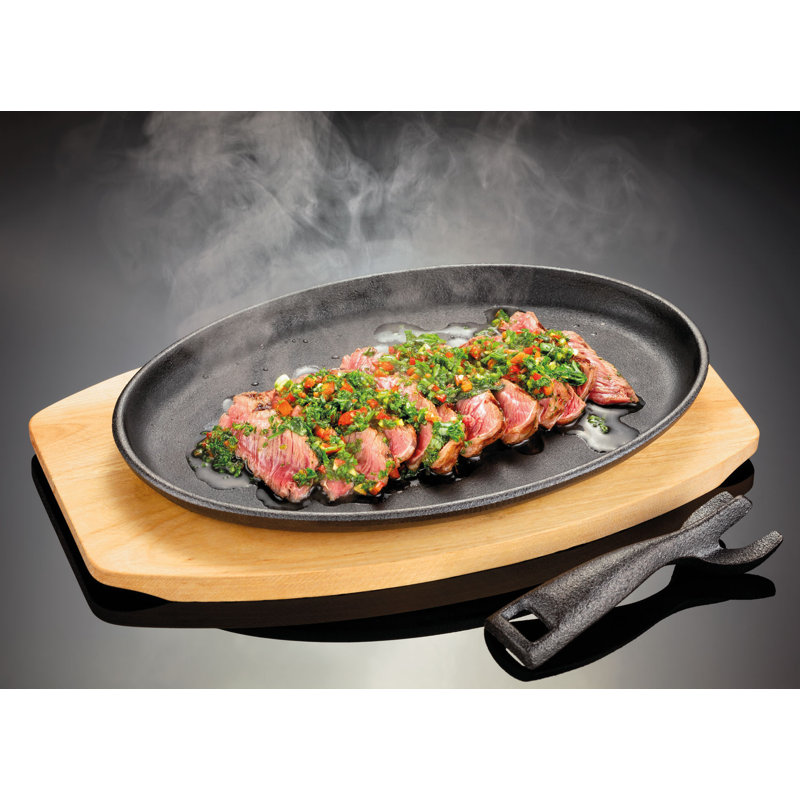 Judge, Sizzle & Serve - Cast Iron Platter on Server Board