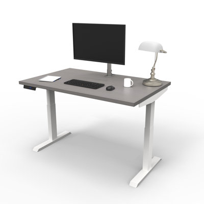 Bureau debout à hauteur ajustable électrique Skyscraper, double moteur et commande numérique avec mémoire, 48 x 30, plateau gris avec cadre blanc