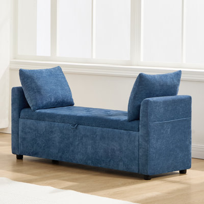 Tufted Chenille Storage Bench with Arms & Pillows, Blue Bedroom End of Bed Ottoman Bench