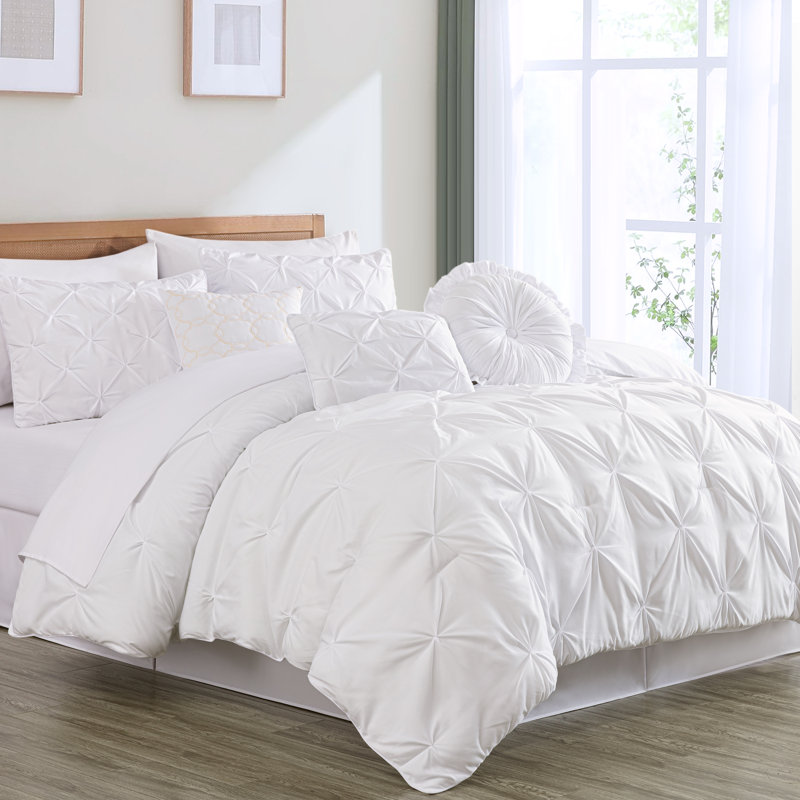 Sydney Pintuck Microfiber 7 Piece Comforter Set, White, King Comforter + 6 Additional Pieces