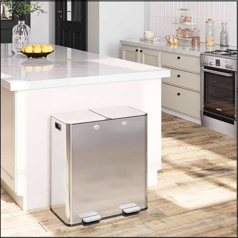 Large Dual Trash Can 2 x 8 Gallons with Plastic Inner Buckets - 60 Litres Stainless Steel Kitchen Double Trash Can,2 Compartment Trash Can Combo Garbage Bin with Separated Lid and Foot Pedal for Kitchen