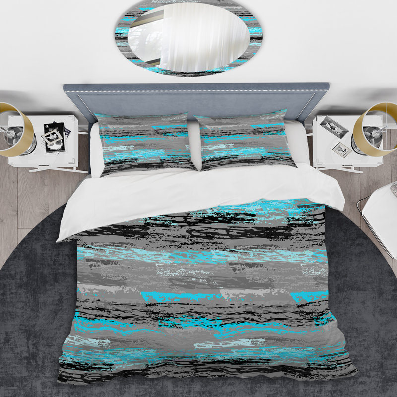 Turquoise Graffiti rayé - ensemble de housse de couette abstrait - microfibre de polyester