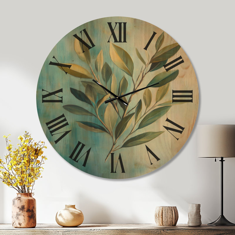 Horloge murale en bois massif « Feuilles ensoleillées sur fond bleu II » - Style cottage, Très grand