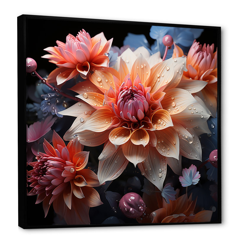 Impression sur toile mauve et orange Zinnias efflorescence, Cadre flottant noir, H 30 po x l 30 po