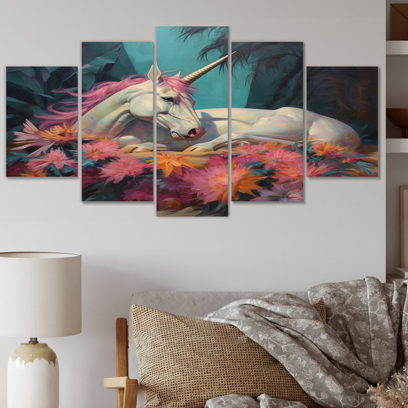Mignonnes licornes dormant ensemble dans un champ de fleurs V - Licorne fantastique, art mural, salon - 5 panneaux