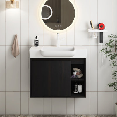 Meuble-lavabo mural moderne 28 po avec lavabo en céramique blanche et porte à fermeture en douceur, emballage KD, chêne foncé