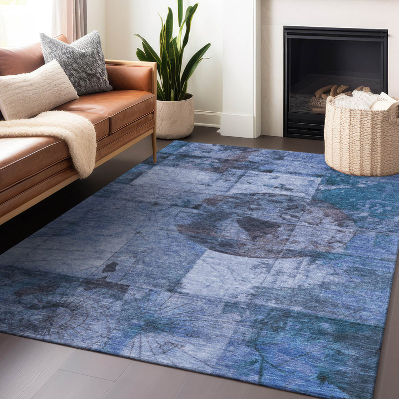 Machine Washable Indoor/Outdoor Xhevrie Blue Rug, Rectangle 10' x 14'