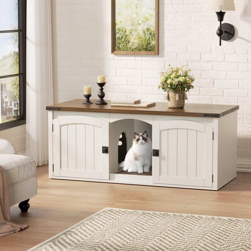 Cat Litter Box Enclosure, White/Brown