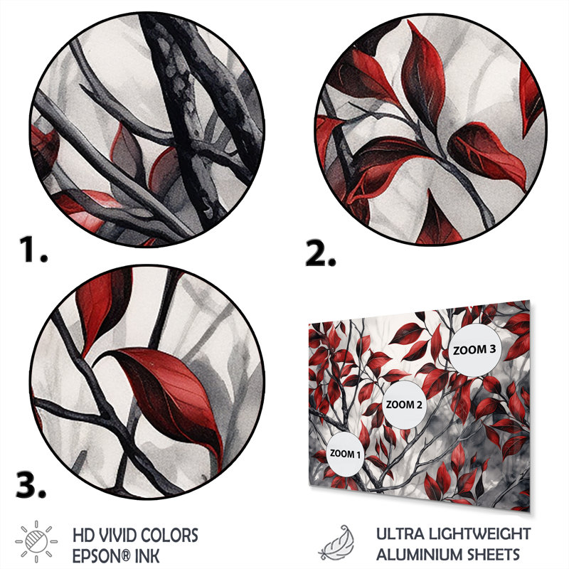 Red Grey Leaves on Tree VI - Floral Metal Wall Decor, 16" H x 32" W
