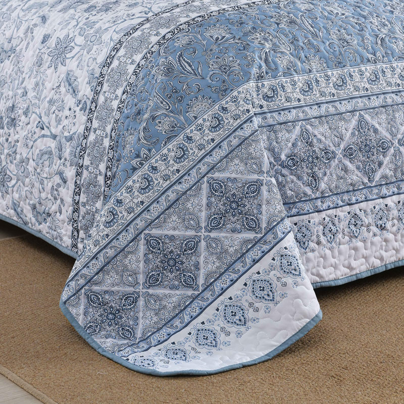 Ensemble de courtepointe 3 pièces à motif floral à motif floral cachemire 3 pièces Boho, Bleu