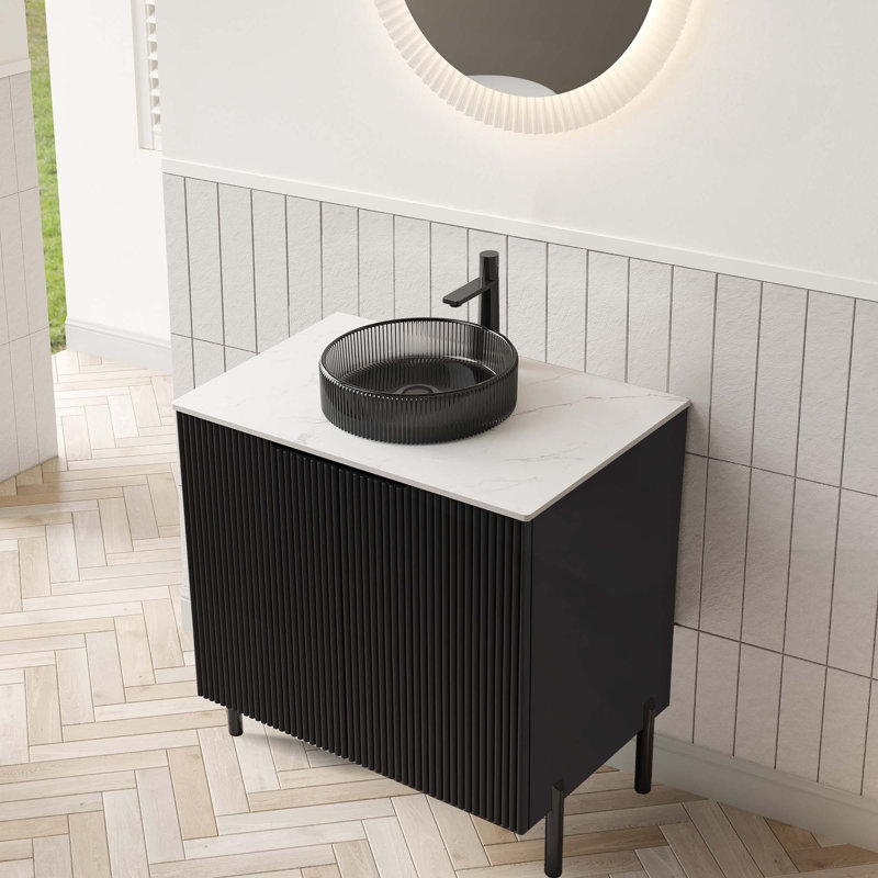 Meuble-lavabo de salle de bain avec lavabo, armoire de rangement autoportante avec 2 portes, lavabo rond et comptoir en pierre frittée, sans robinet