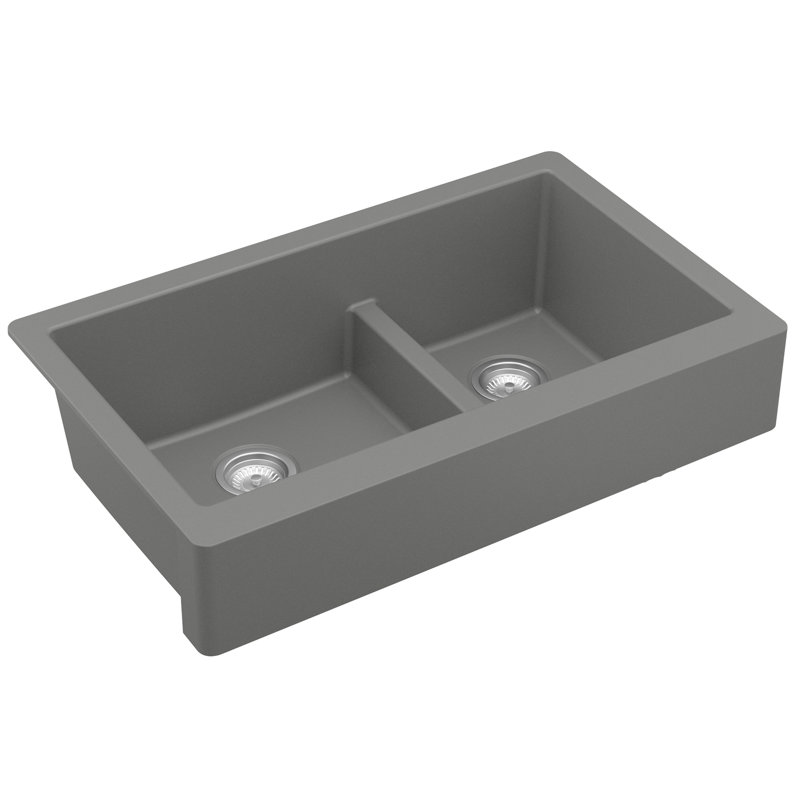 Karran Retrofit Farmhouse/Apron-Front Quartz Composite 34'' X 21-1/4'' 60/40 Double Bowl Kitchen Sink, Matte Gray