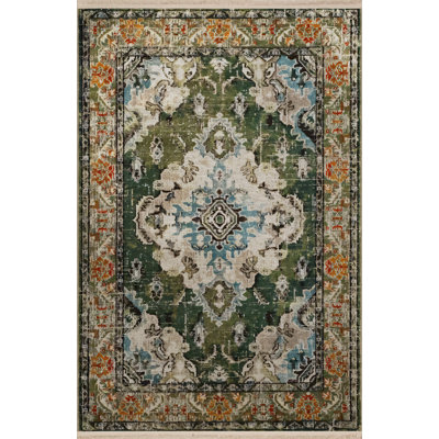 Green-Beige Themed Traditional Motif Ethnic Patterned Creative Vintage Decorative Rug
