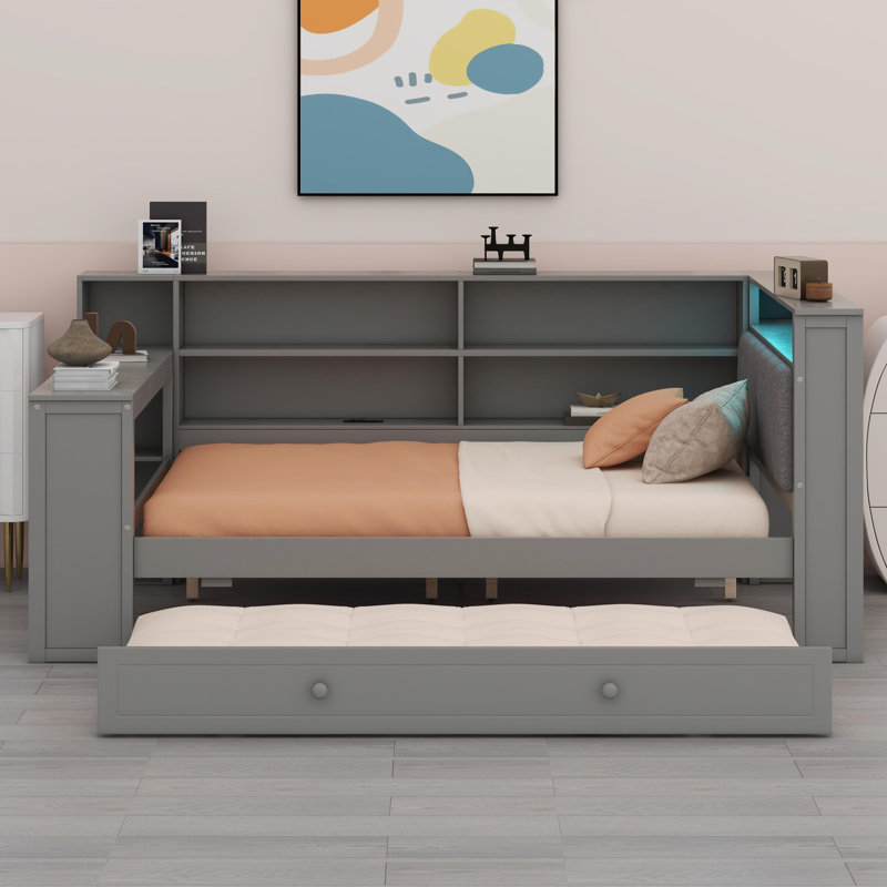 Lit plateforme avec tablettes de rangement, lit gigogne, Gris