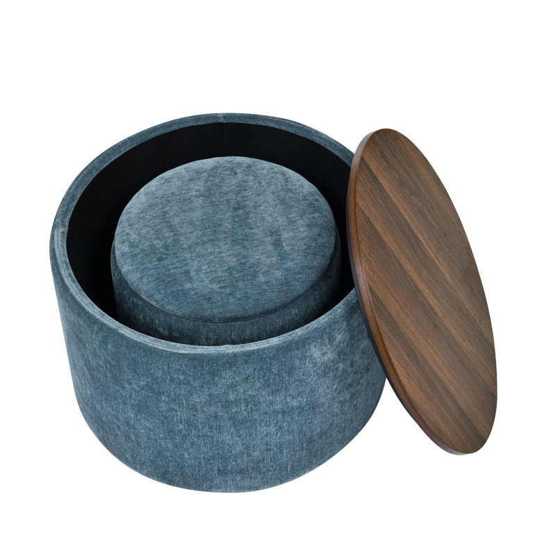 Repose-pieds rond 24 po avec tabouret gigogne et couvercle réversible, chenille, Bleu très foncé