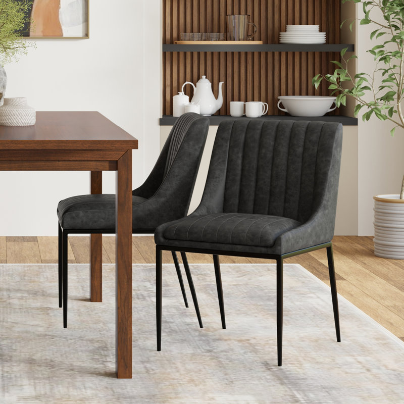 Melody Vegan Faux Leather Upholstered Dining Chair with Channel Stitching and Metal Legs (Set of 2), Gray