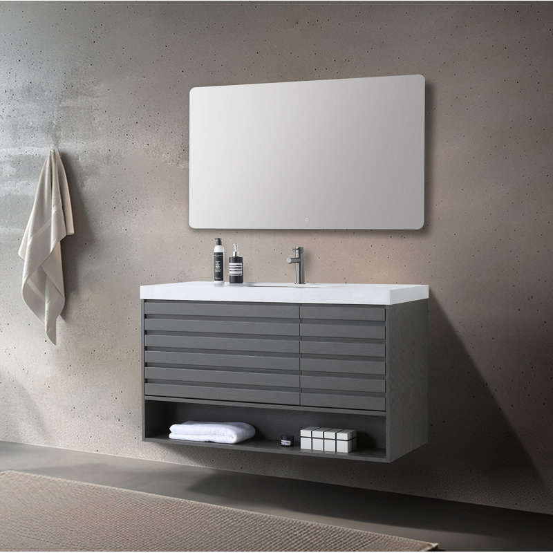 Meuble-lavabo en contreplaqué de chêne naturel 48 po avec pierre, Blanc, Gris anthracite