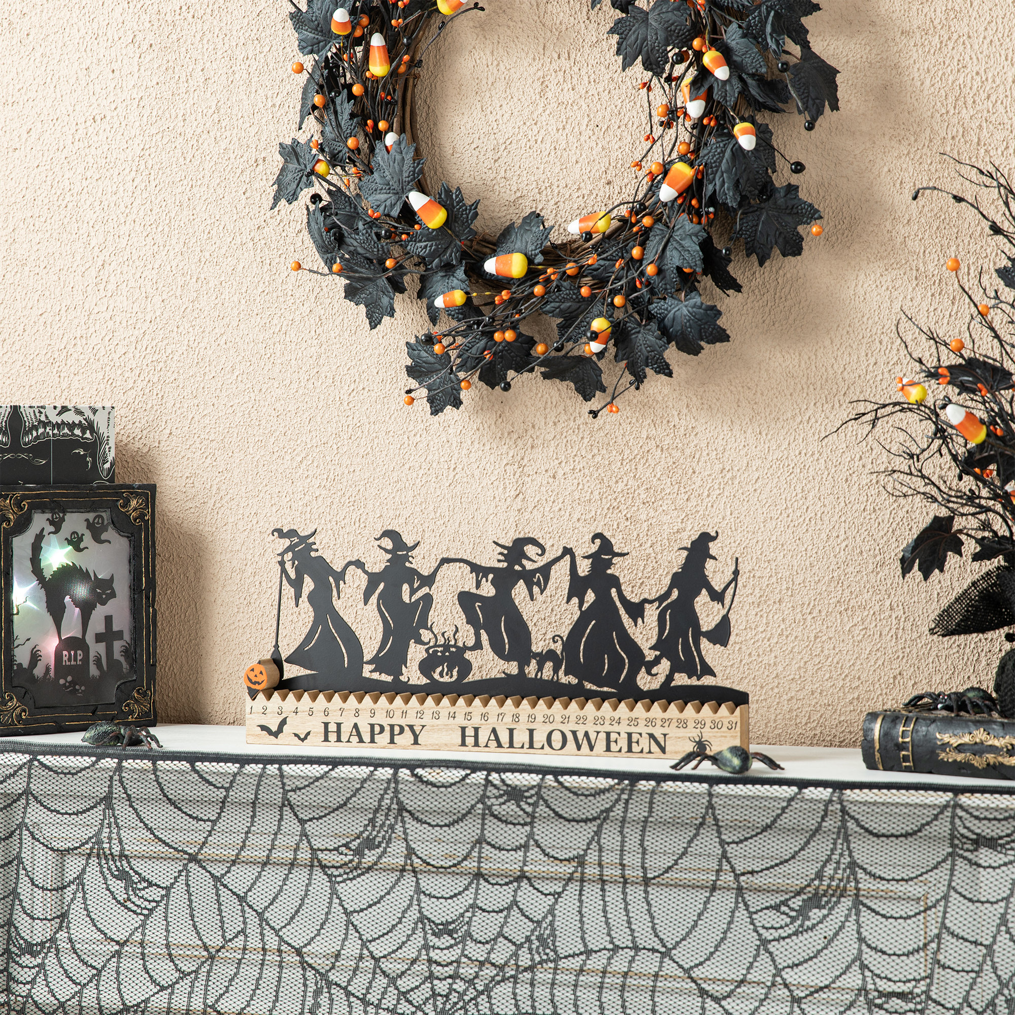 Handmade 18" L Wood and Metal Dancing Witch Silhouette Countdown Sign 