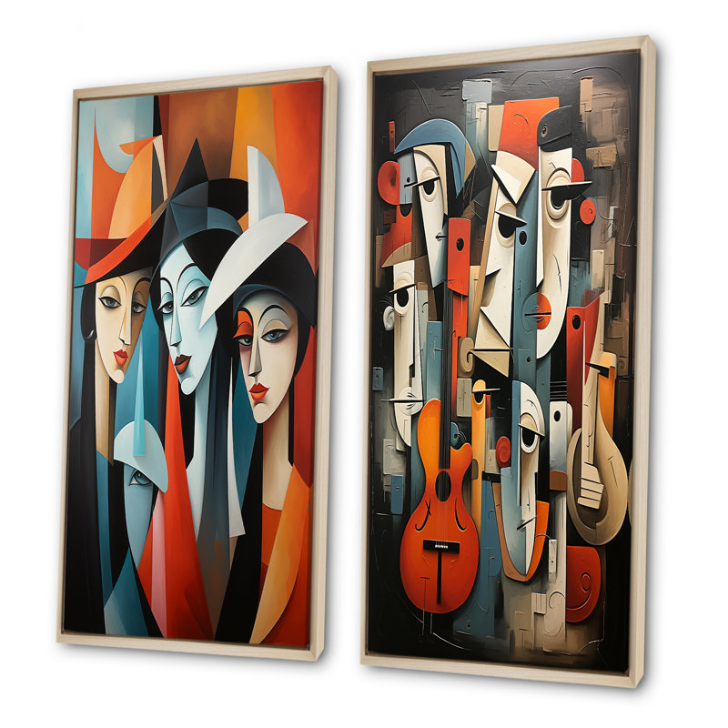 «Music Performance Cubist Portrait I - Theatre», ensemble d'art mural sur toile, Cadre flottant brun, H 40 po x l 41 po