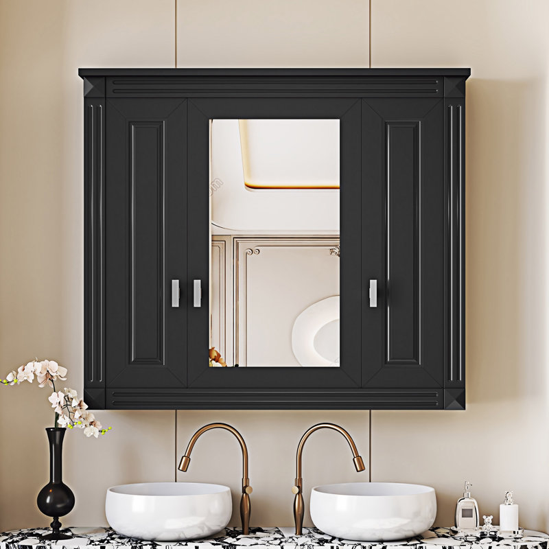 Armoire de salle de bain murale avec miroir, Noir