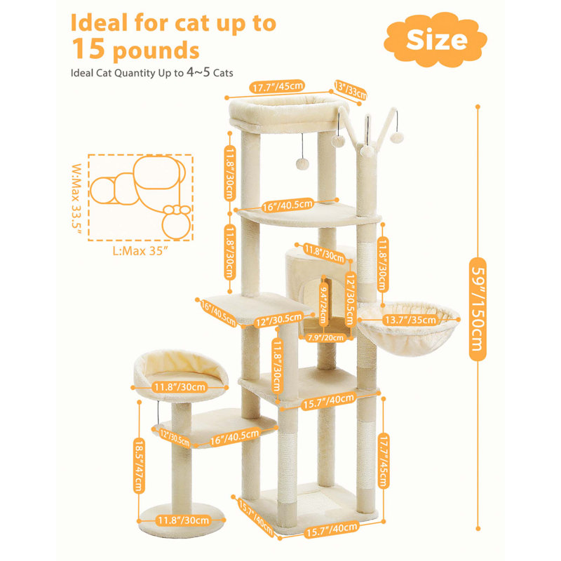 Beige Multi-Level Cat Tree Tower with Hammock and Scratching Posts