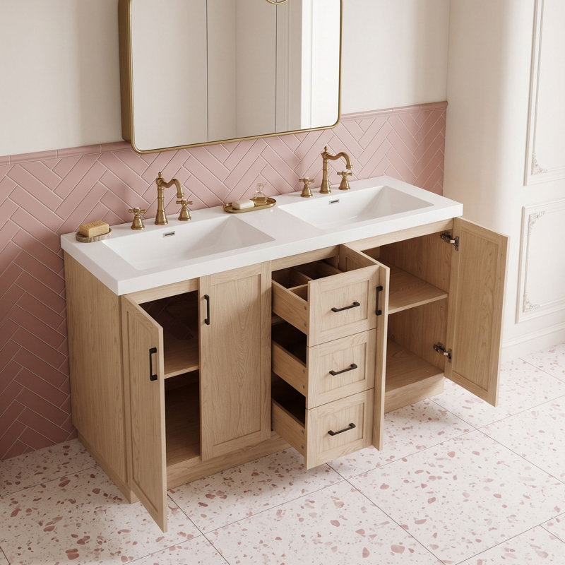 Meuble-lavabo double avec armoire, tiroirs et portes