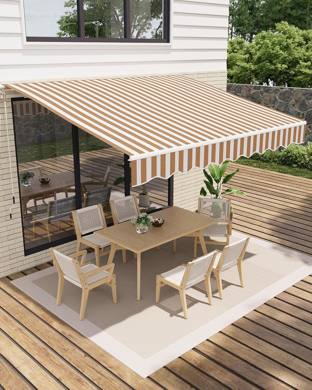 12'x10' Manual Retractable Awning with Crank Handle, Waterproof PU-Coated Polyester, Aluminum Frame for Deck, Patio, Porch, Balcony