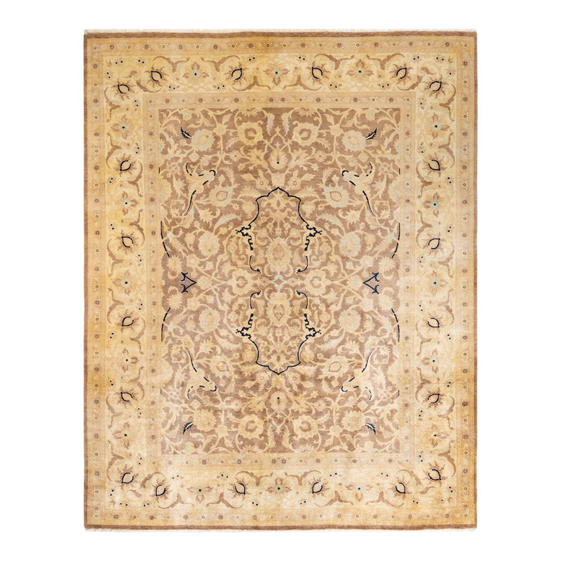 Tapis brun / sable noué à la main de conception unique 9 pi 1 po x 11 pi 8 po Sarahjane