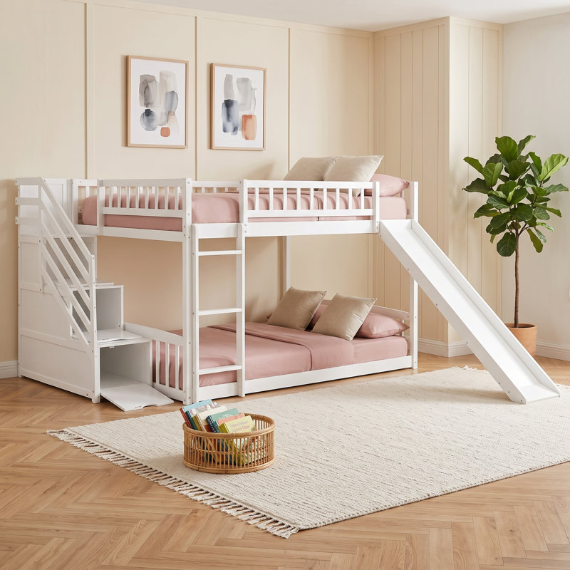 Lit superposé en bois sur 3 tiroirs avec glissière réversible et escalier de rangement, Blanc
