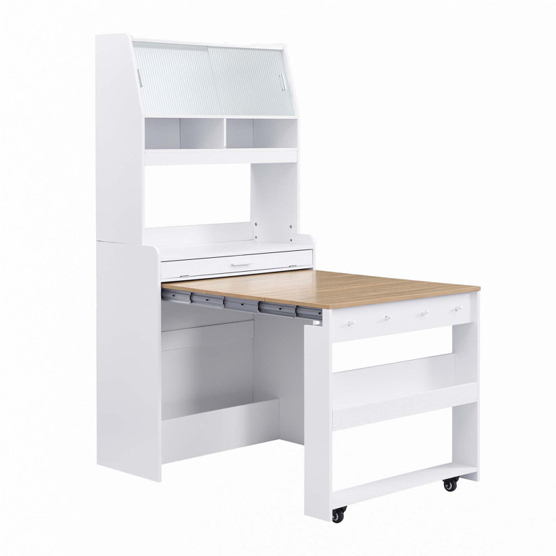 Buffet With Hutch And Foldable Dining Table, White, Natural