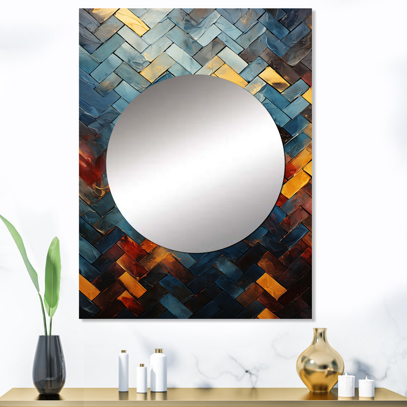 Carreaux cubiques abstraits jaunes et bleus - Miroir mural unique, moderne, impression sur métal, 40 po x 30 po